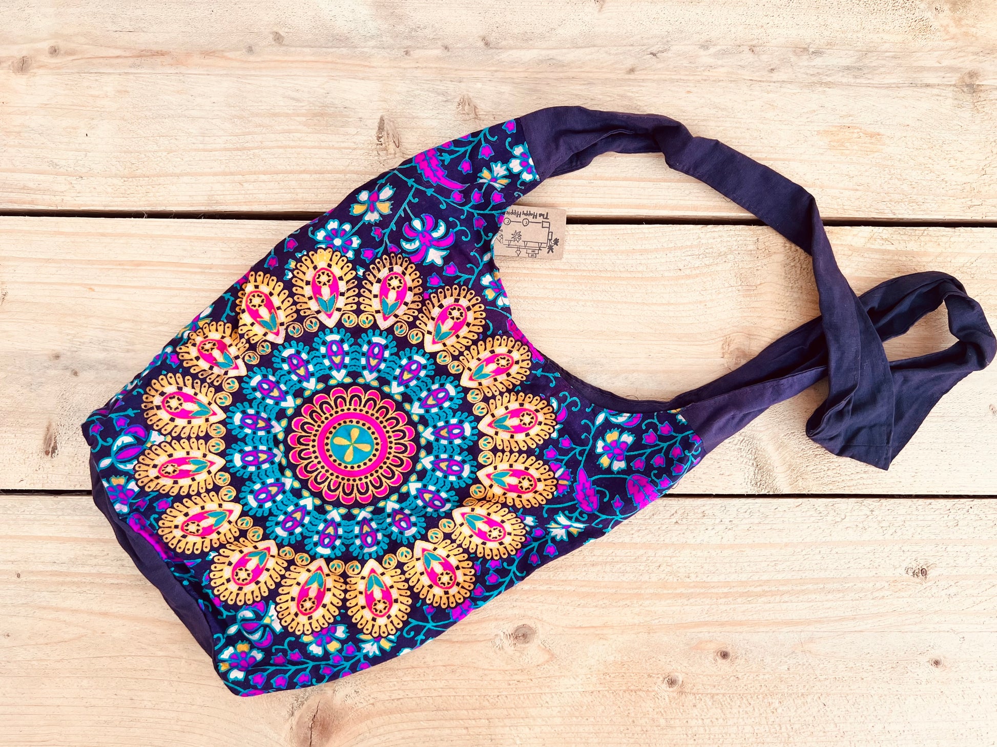 Shoulder bag in peacock mandala print design, purple cotton hand printed boho shoulder cross body bag, handmade fair trade hippie bag, ethical fair trade accessories 