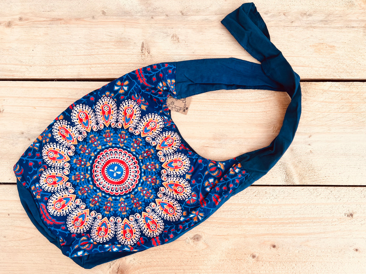 Shoulder bag in peacock mandala print design, blue cotton hand printed boho shoulder cross body bag, handmade fair trade hippie bag, ethical fair trade accessories 