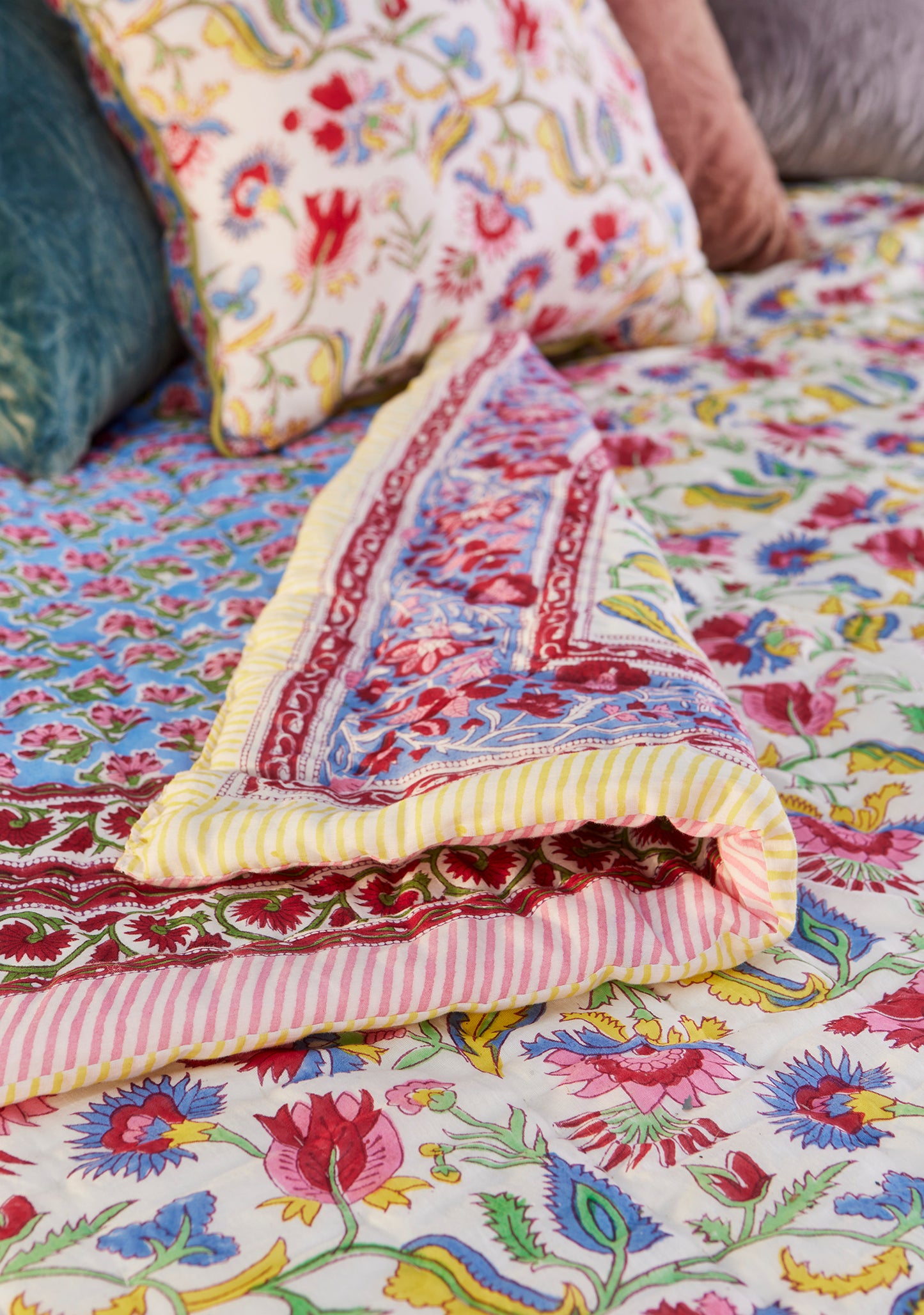 Bohemian Flower Block Print Reversible Quilt, 210 x 240cm
