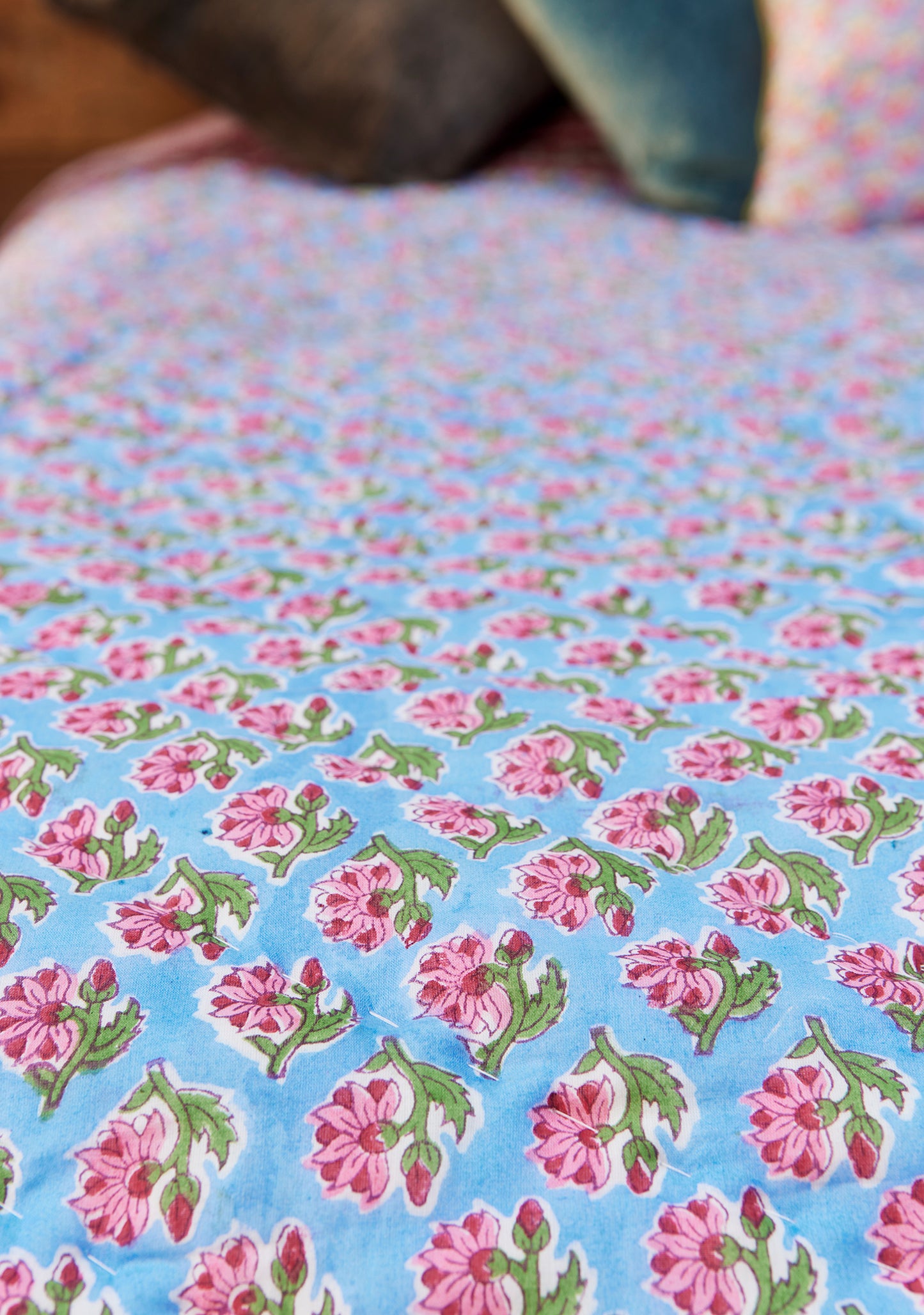 Bohemian Flower Block Print Reversible Quilt, 210 x 240cm