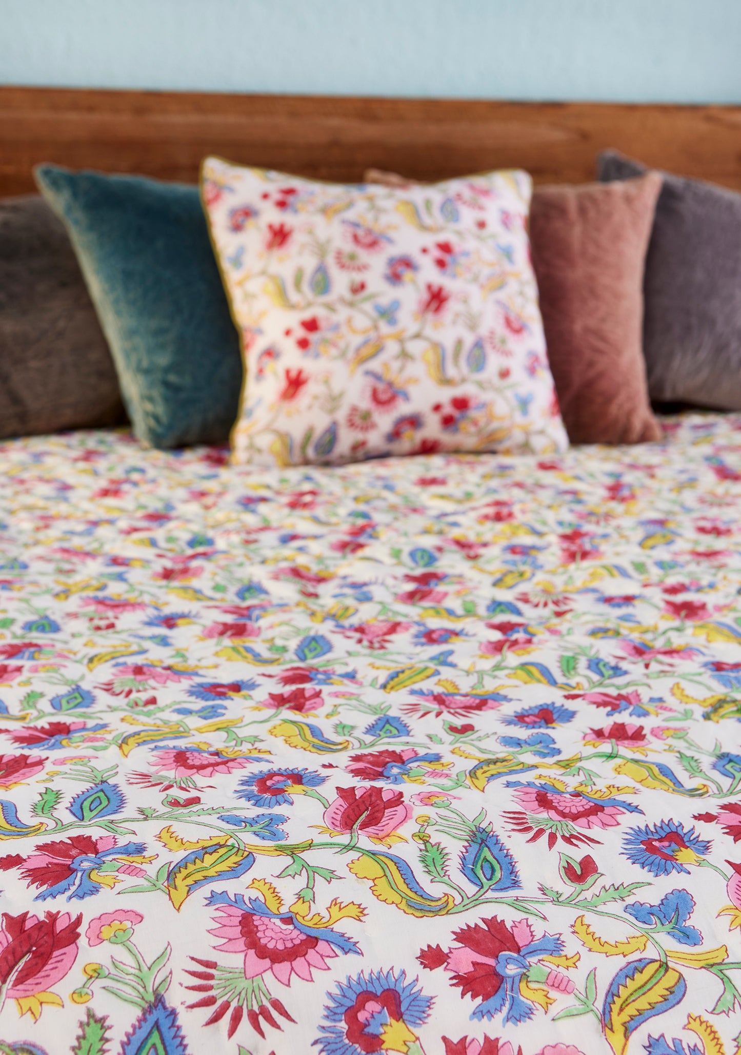 Bohemian Flower Block Print Reversible Quilt, 210 x 240cm
