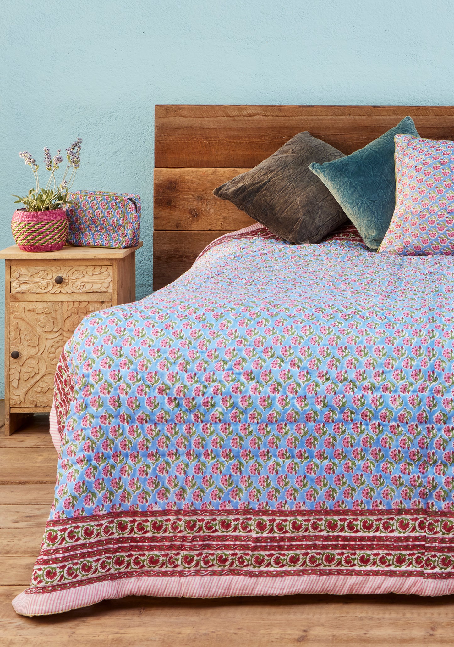 Bohemian Flower Block Print Reversible Quilt, 210 x 240cm