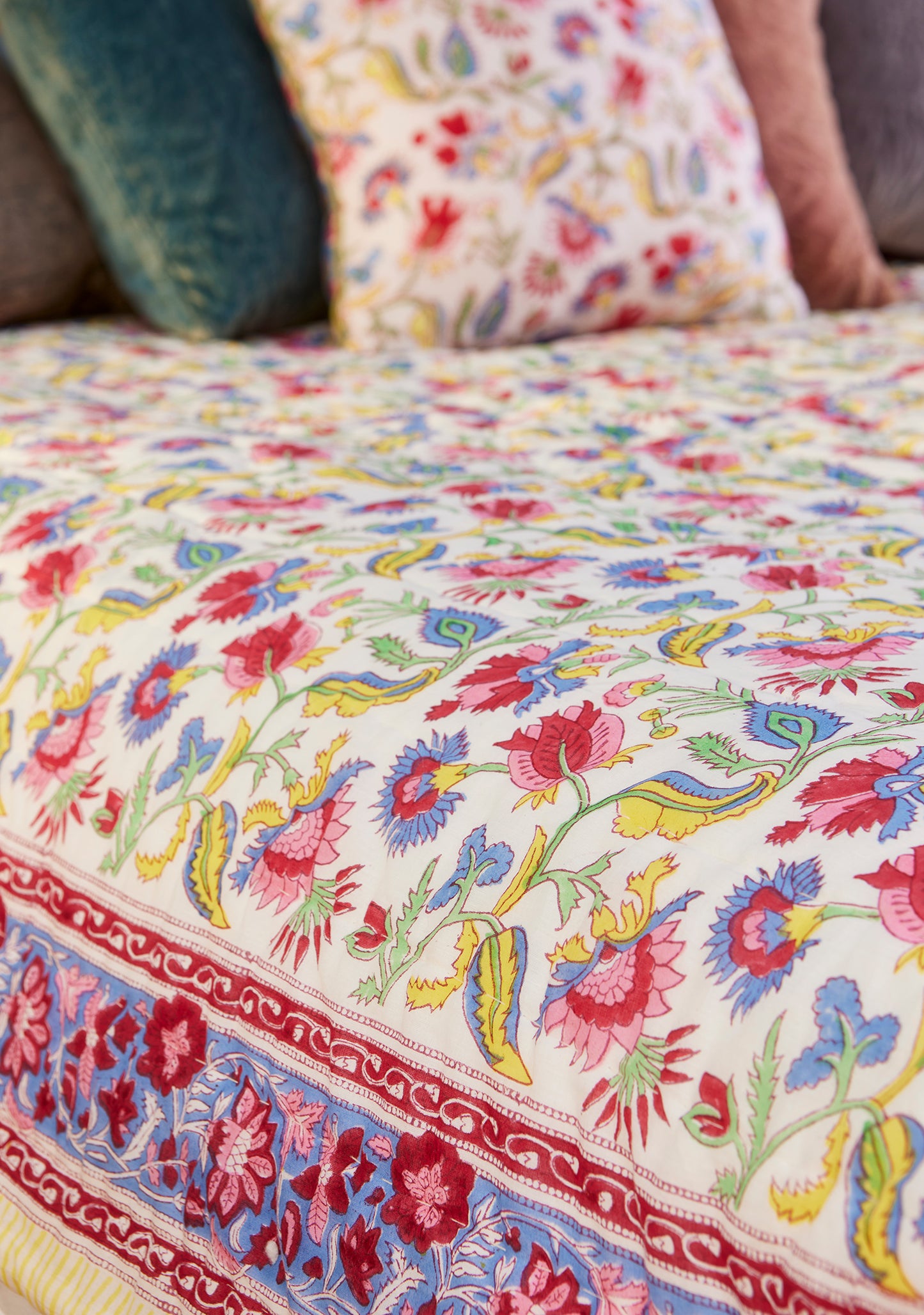 Bohemian Flower Block Print Reversible Quilt, 210 x 240cm