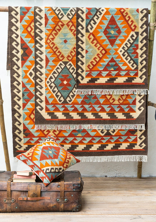 Bohemian Hand Loom Orange & Brown Kilim Rug Runner