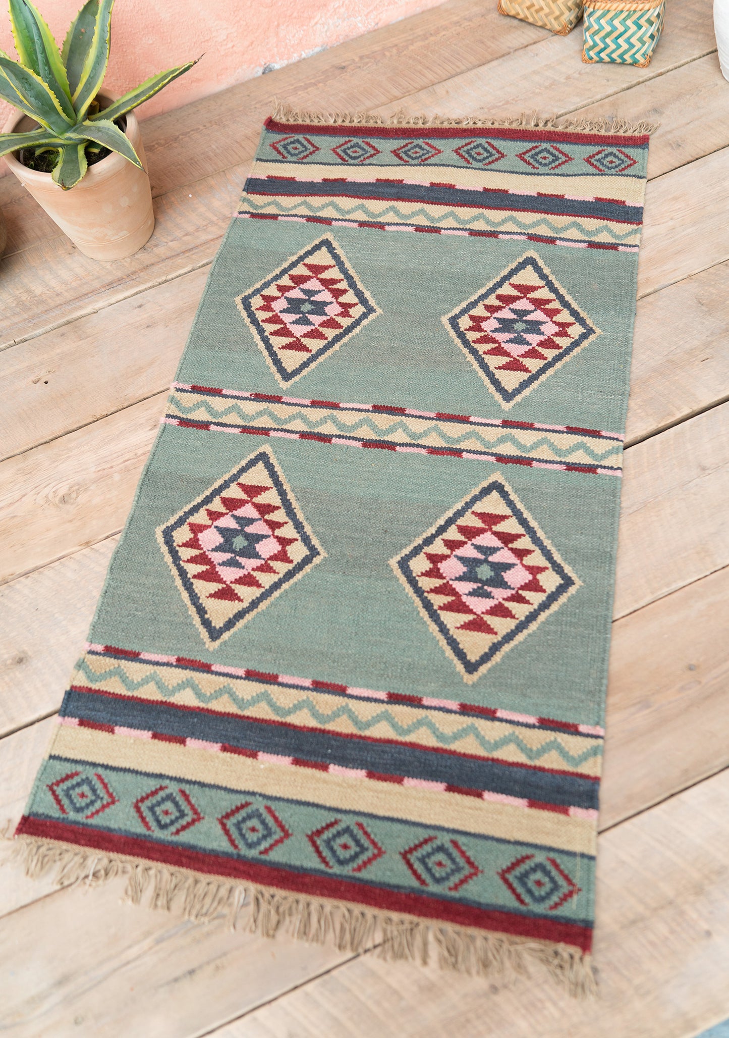Soft Blue Hand Woven Wool/Cotton Kilim Rug