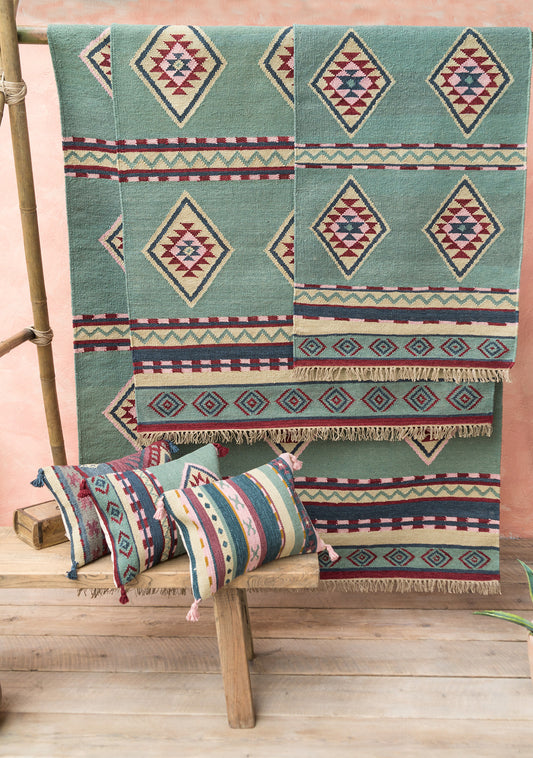 Soft Blue Hand Woven Wool/Cotton Kilim Rug