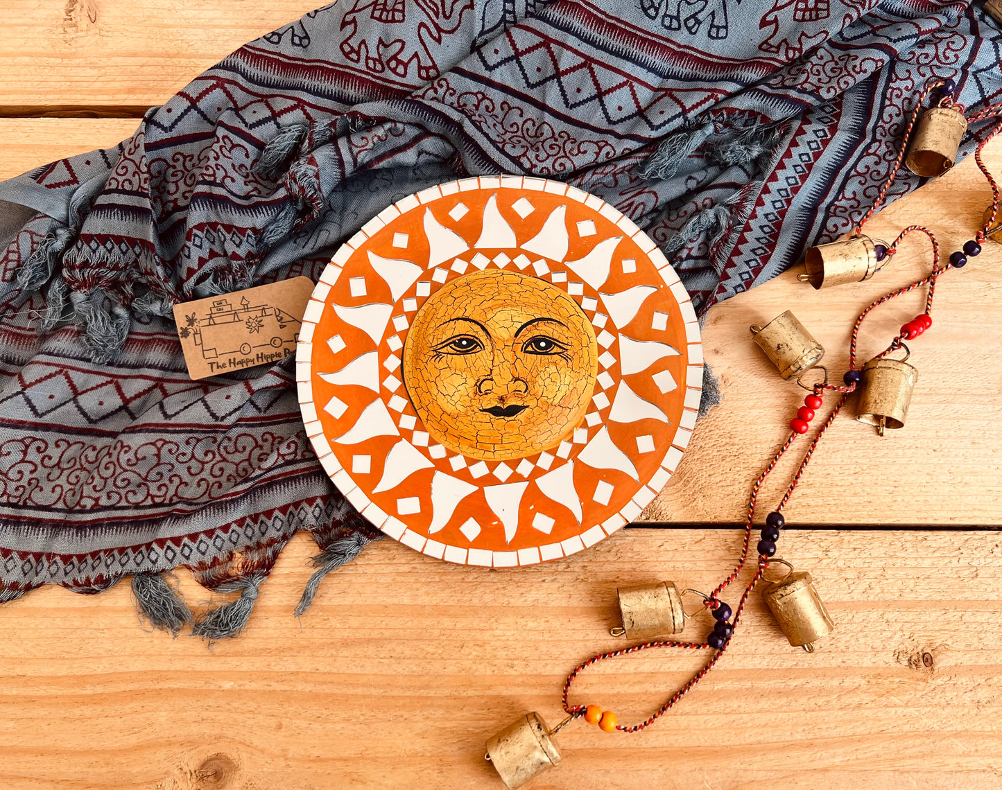 Round sun design wall hanging hippie boho wall mirror in rustic orange painted design handmade & fair trade mirror home decor