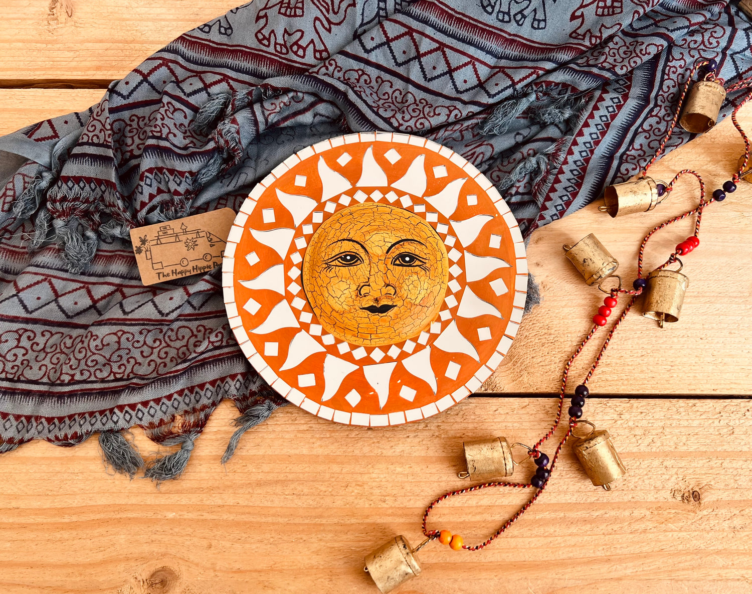 Round sun design wall hanging hippie boho wall mirror in rustic orange painted design handmade & fair trade mirror home decor
