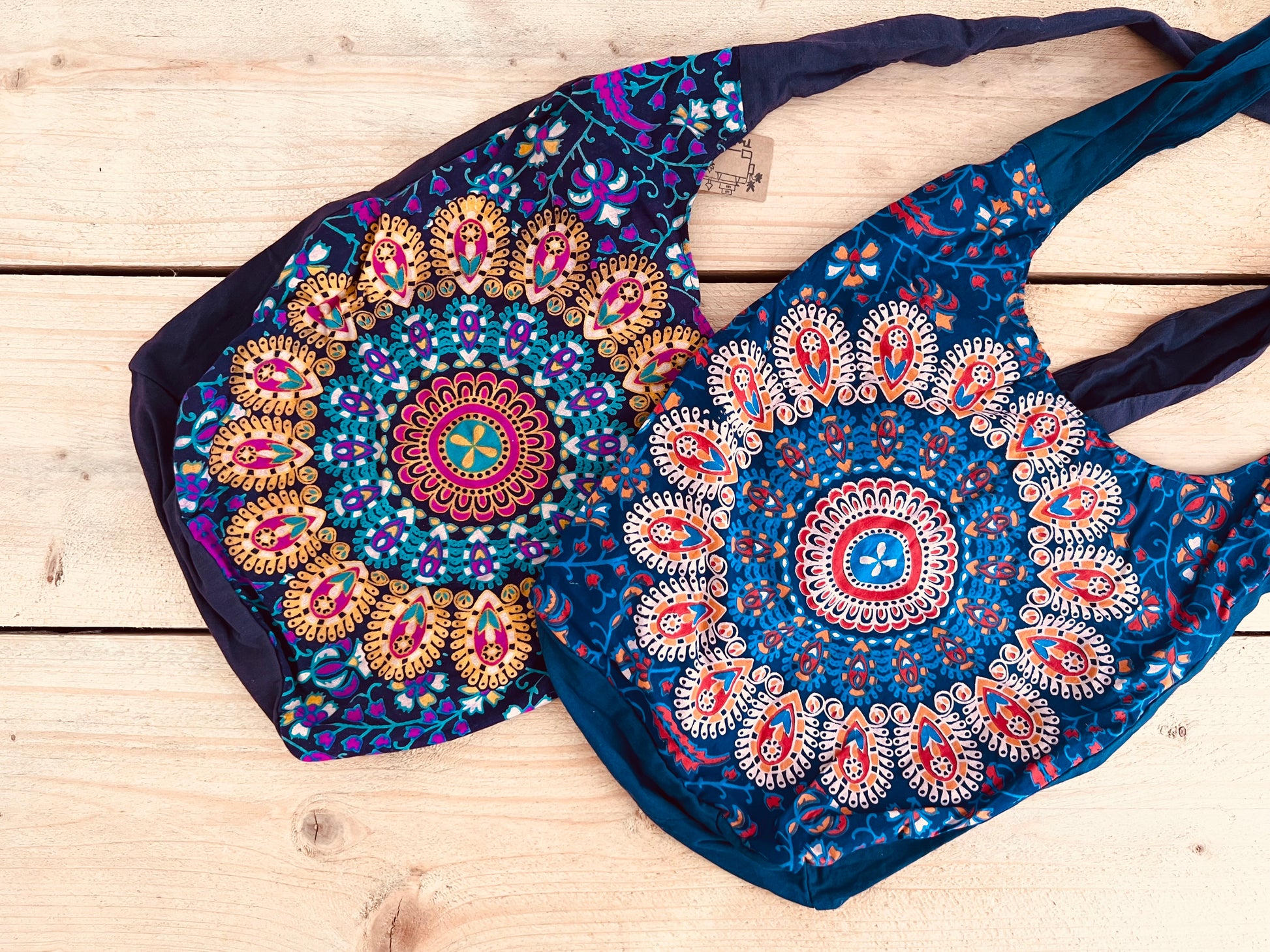 Shoulder bag in peacock mandala print design, purple & blue cotton hand printed boho shoulder cross body bag, handmade fair trade hippie bag, ethical fair trade accessories 
