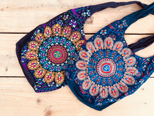 Shoulder bag in peacock mandala print design, purple & blue cotton hand printed boho shoulder cross body bag, handmade fair trade hippie bag, ethical fair trade accessories 