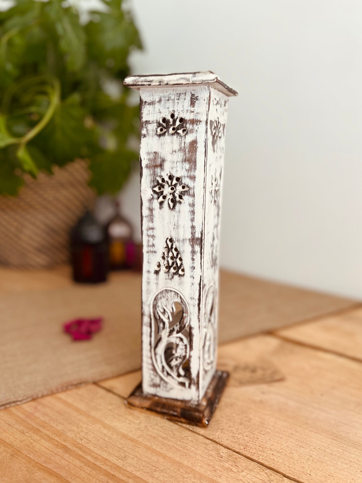 Handmade Fair Trade Ethically Sourced White Washed Incense Cone & Stick Holder Incense Tower Ash Catcher Mango Wood Sustainable Made 