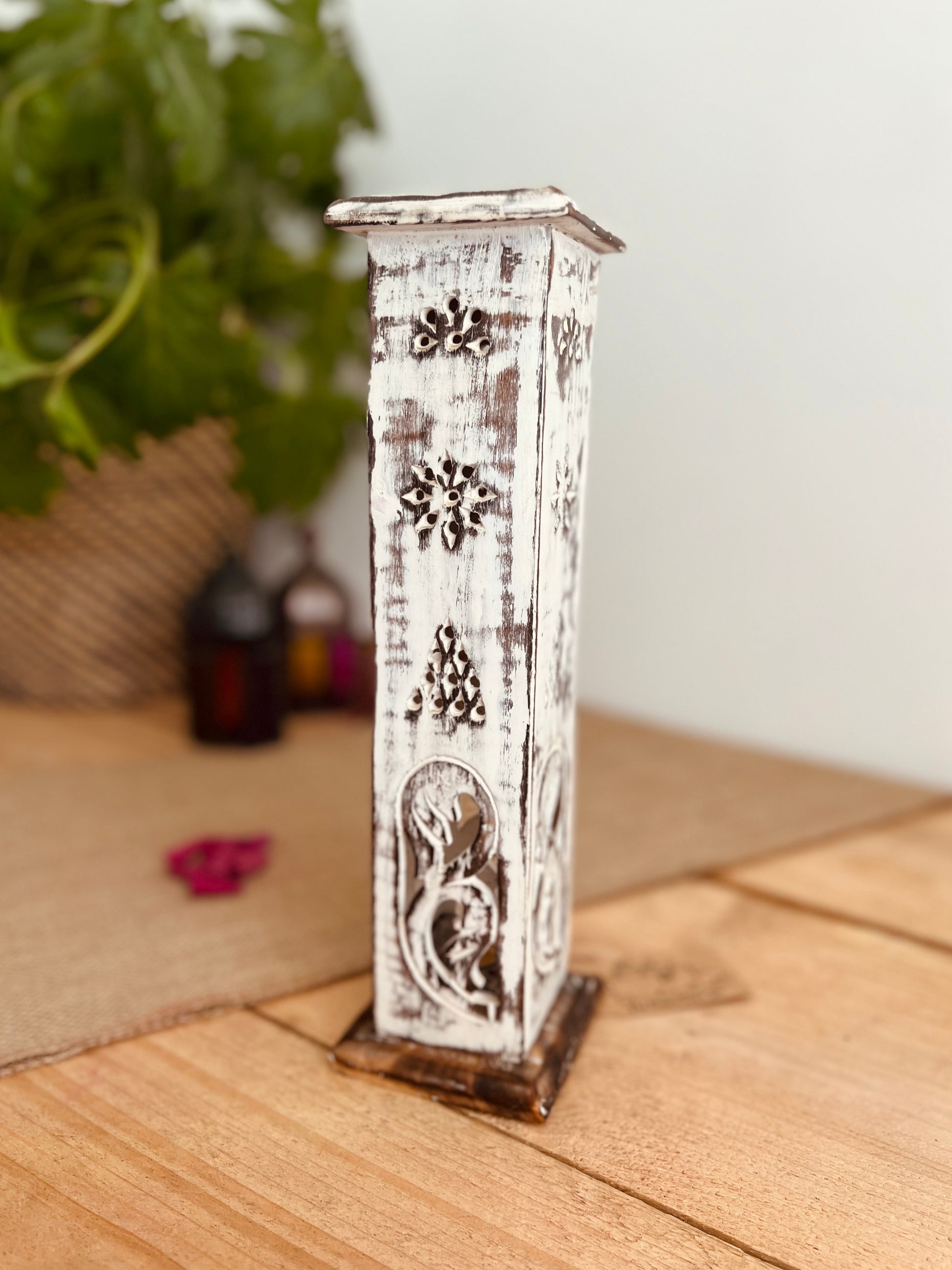 Handmade Fair Trade Ethically Sourced White Washed Incense Cone & Stick Holder Incense Tower Ash Catcher Mango Wood Sustainable Made 