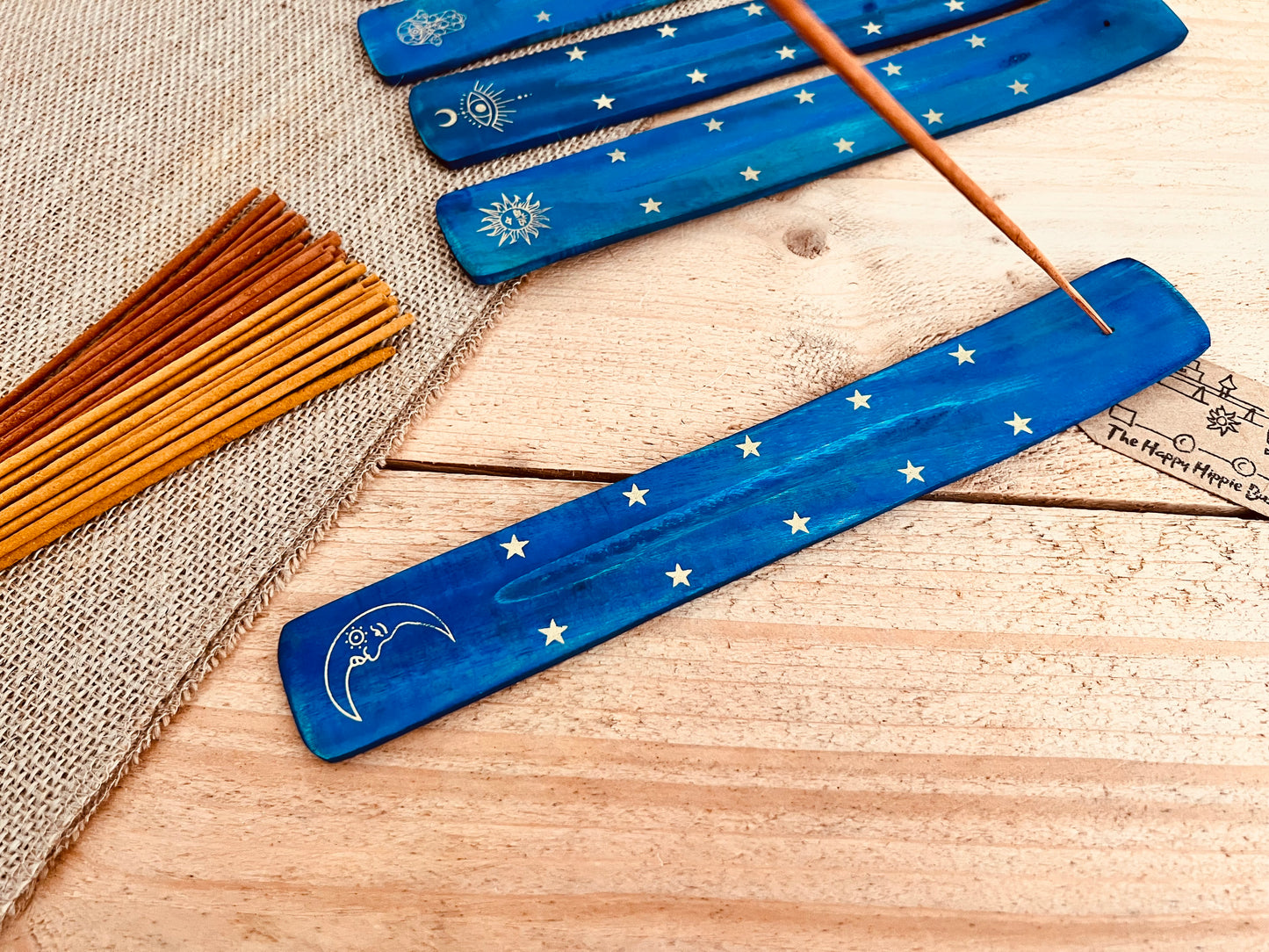 Crescent moon design long incense holder ash catcher, incense stick holder burner in dark midnight blue colour with gold printed boho hippie design finish, six designs to choose from, handmade, hand printed ethically sourced wooden incense holder, boho hippie home decor incense