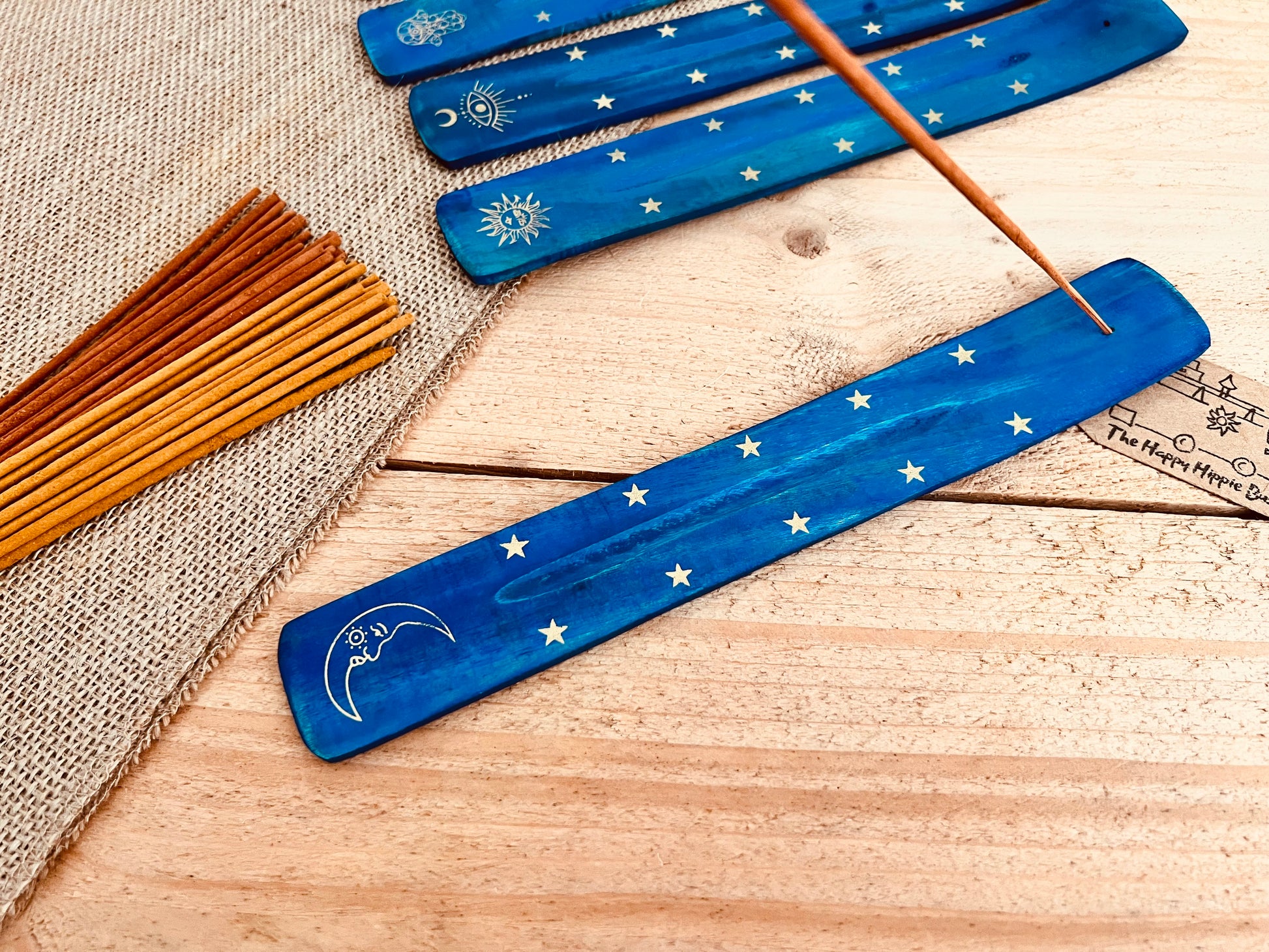 Crescent moon design long incense holder ash catcher, incense stick holder burner in dark midnight blue colour with gold printed boho hippie design finish, six designs to choose from, handmade, hand printed ethically sourced wooden incense holder, boho hippie home decor incense