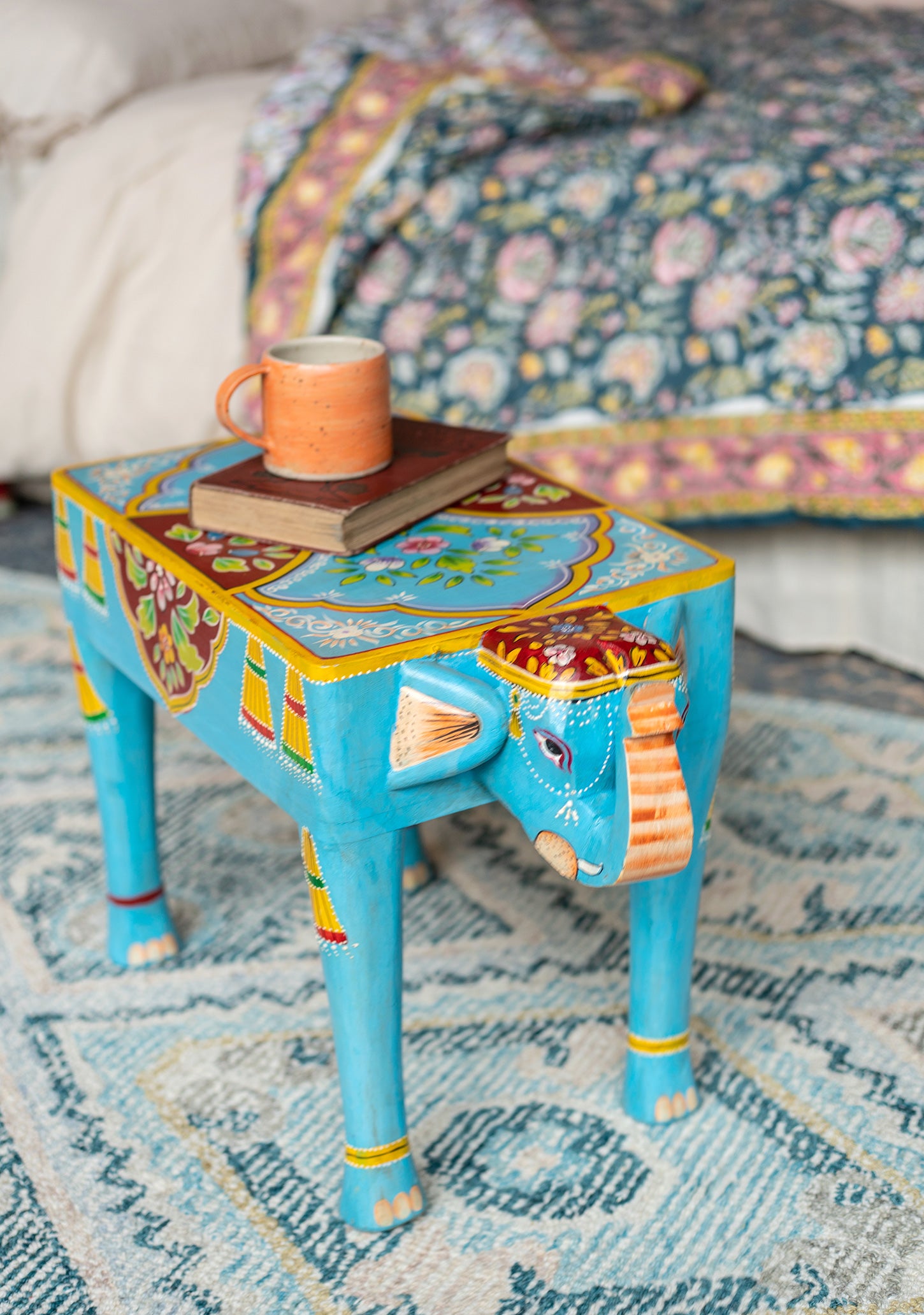 Handmade Fair Trade Ethically Sourced Bohemian Hippie Elephant Blue Table Side Table Unique Hand Painted 