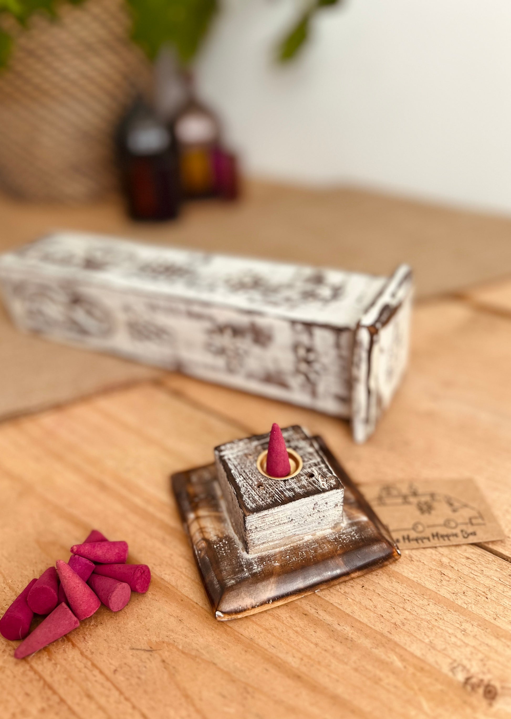 Handmade Fair Trade Ethically Sourced White Washed Incense Cone & Stick Holder Incense Tower Ash Catcher Mango Wood Sustainable Made 