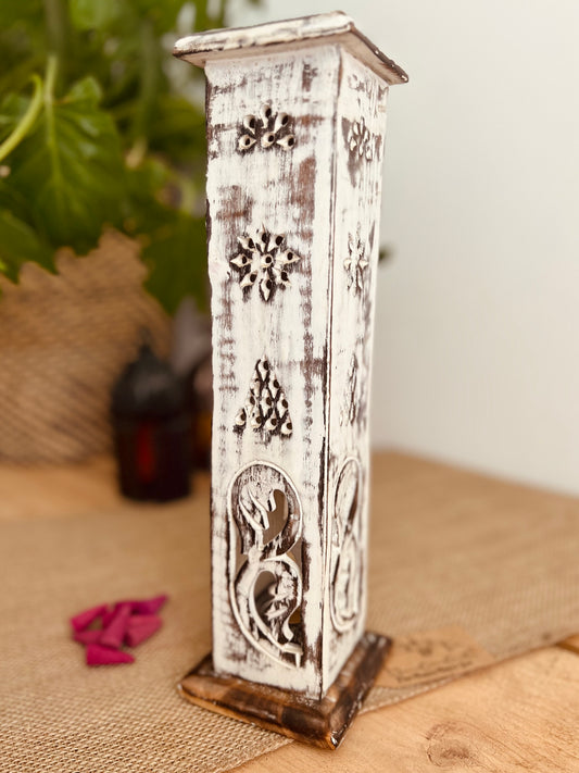 Handmade Fair Trade Ethically Sourced White Washed Incense Cone & Stick Holder Incense Tower Ash Catcher Mango Wood Sustainable Made 