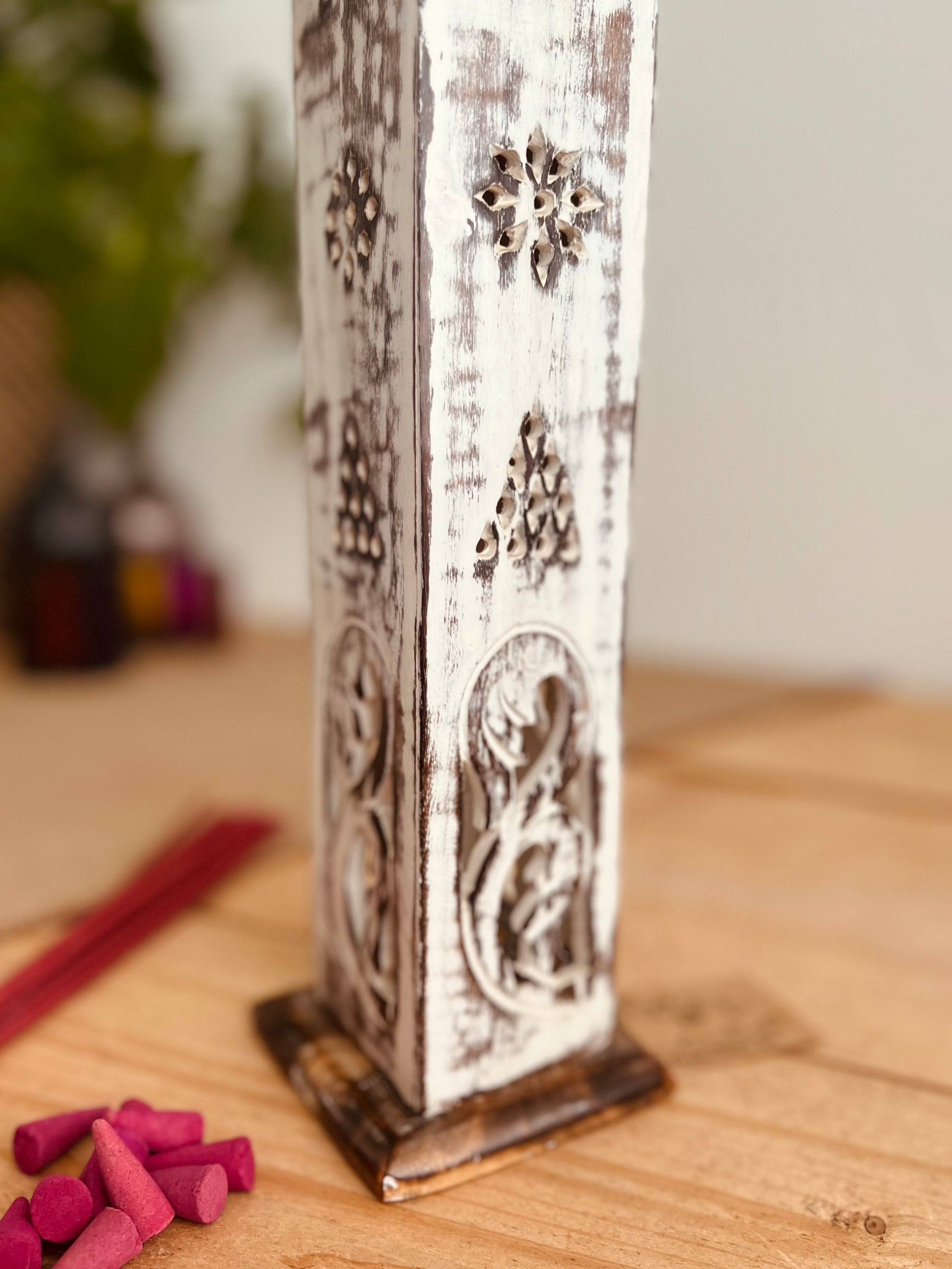 Handmade Fair Trade Ethically Sourced White Washed Incense Cone & Stick Holder Incense Tower Ash Catcher Mango Wood Sustainable Made 