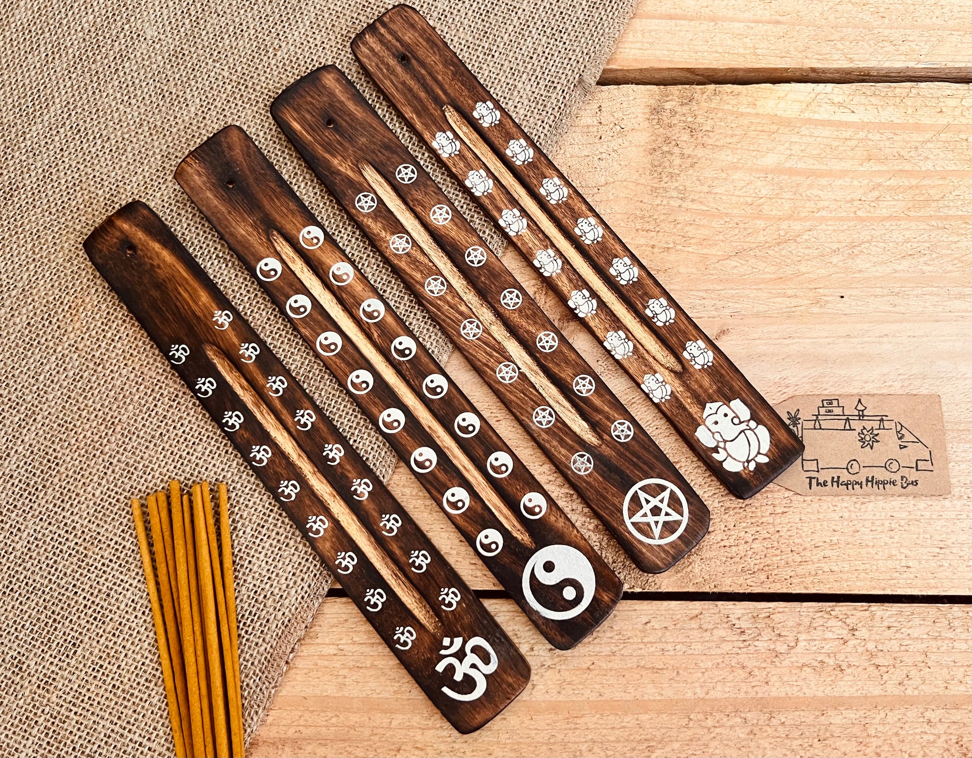 handmade incense stick holder burner with metallic paint printed bohemian hippie chic designs, Om Symbol, Pentagram, Ganesha, Yin Yang incense ash catcher, calming incense sticks, ethically sourced wooden incense holder in dark wood finish