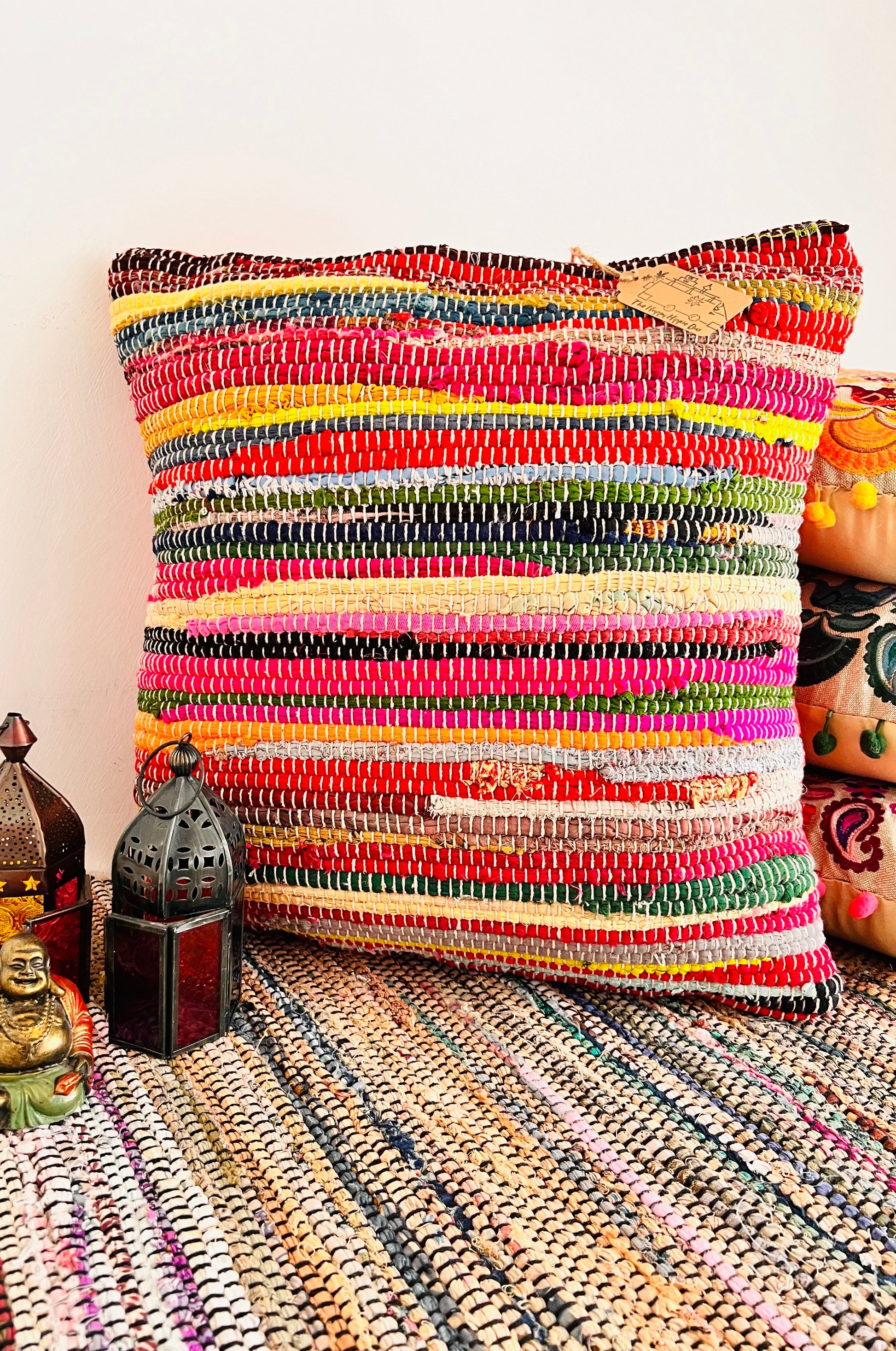 colourful handmade rag rug cushion cover fair trade