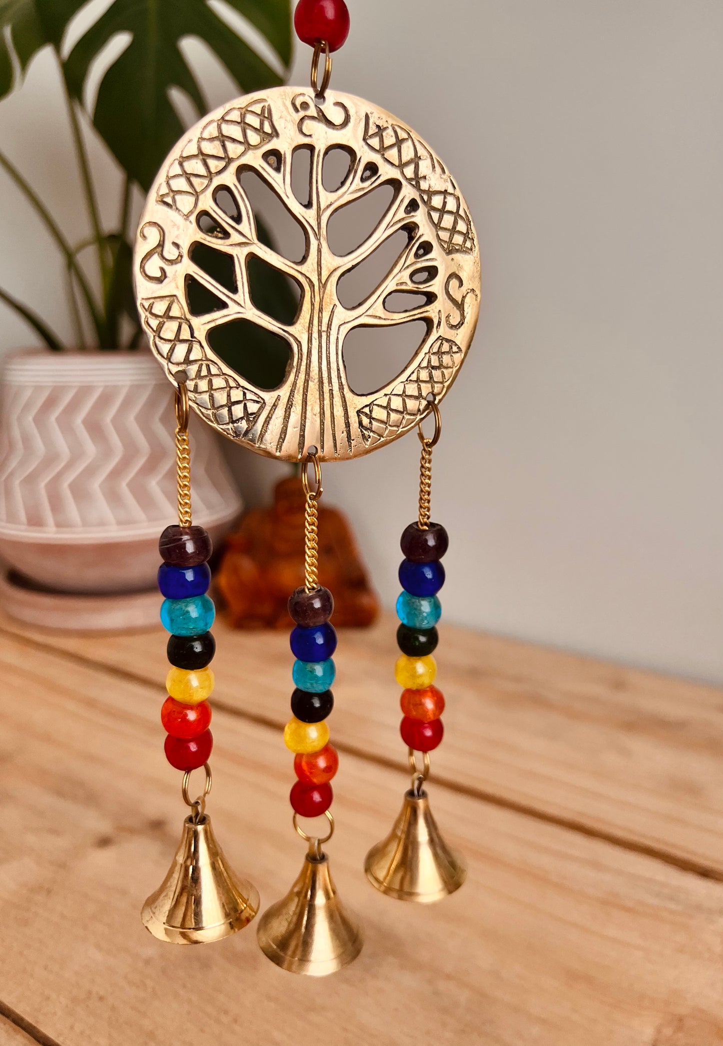 Handmade Fair Trade Tree Of Life Hanging Decoration With Chakra Beads & Gold Bells Boho Hippie Home Decor 