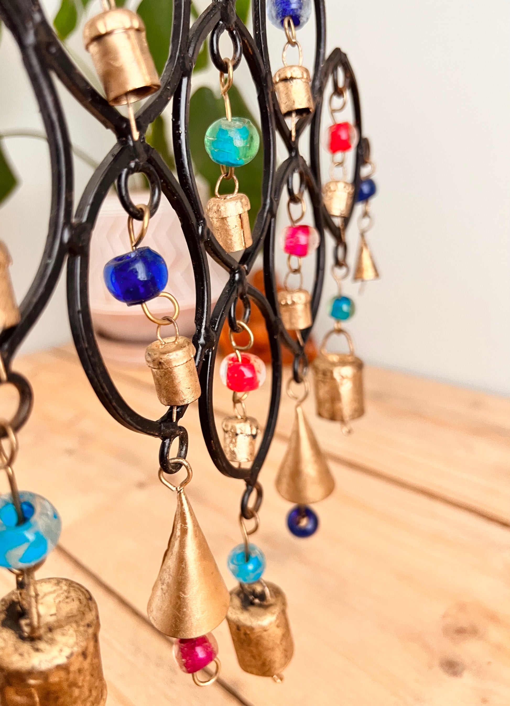 Handmade Fair Trade Recycled Ironwork Black Windchime Bells With Multi Coloured Beads 