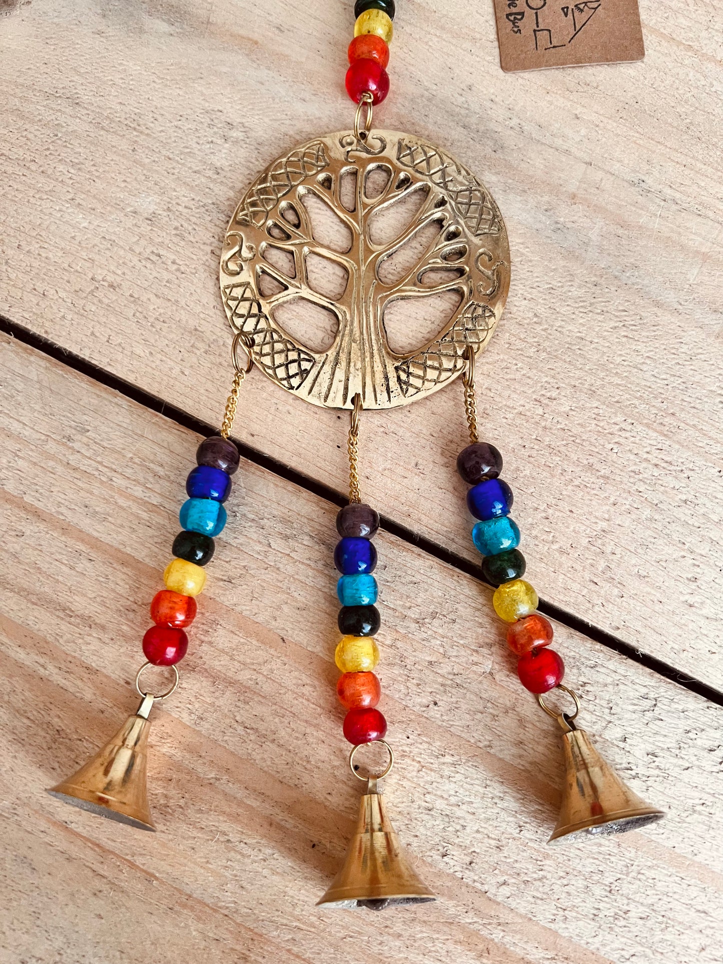 Handmade Fair Trade Tree Of Life Hanging Decoration With Chakra Beads & Gold Bells Boho Hippie Home Decor 