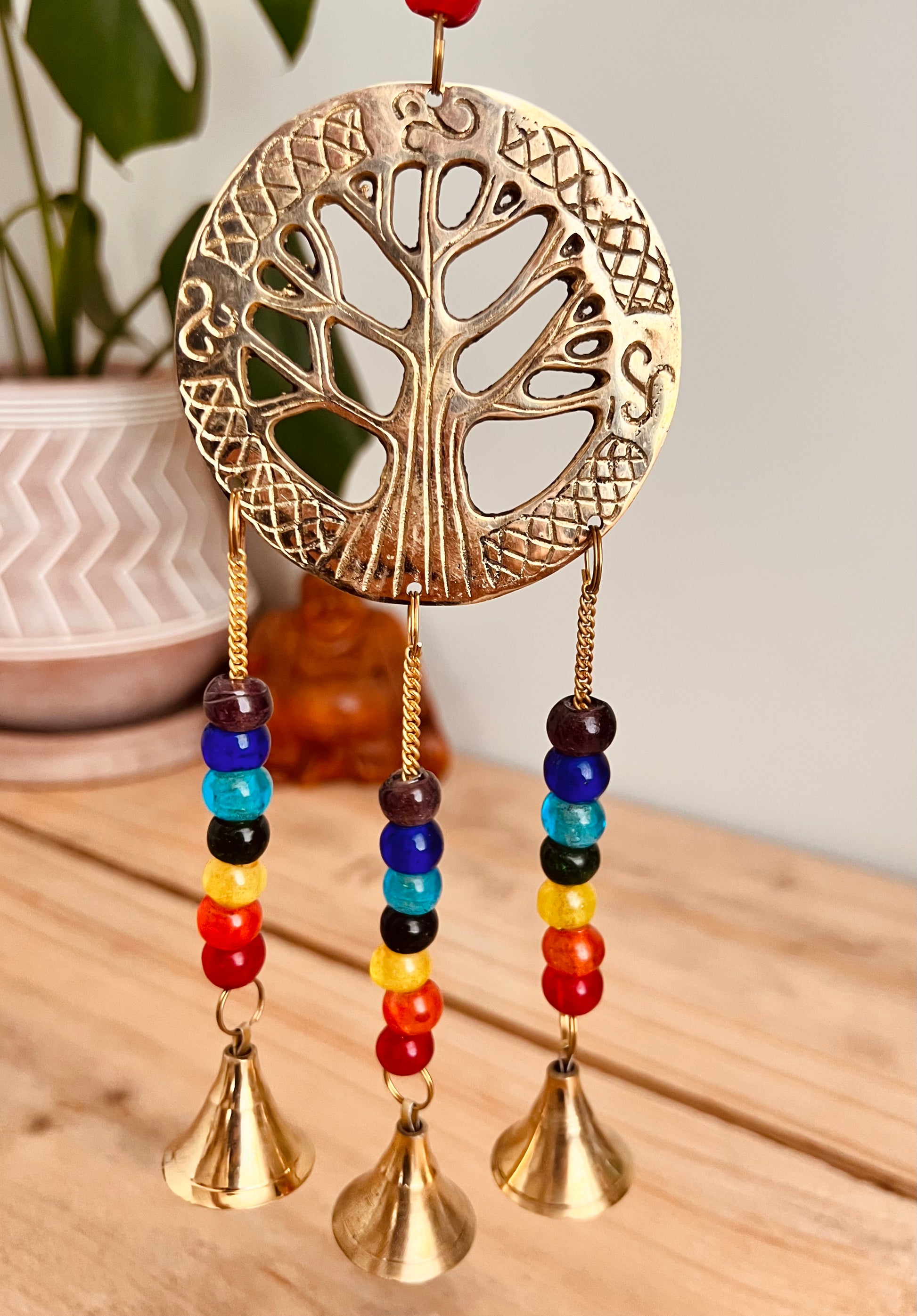 Handmade Fair Trade Tree Of Life Hanging Decoration With Chakra Beads & Gold Bells Boho Hippie Home Decor 