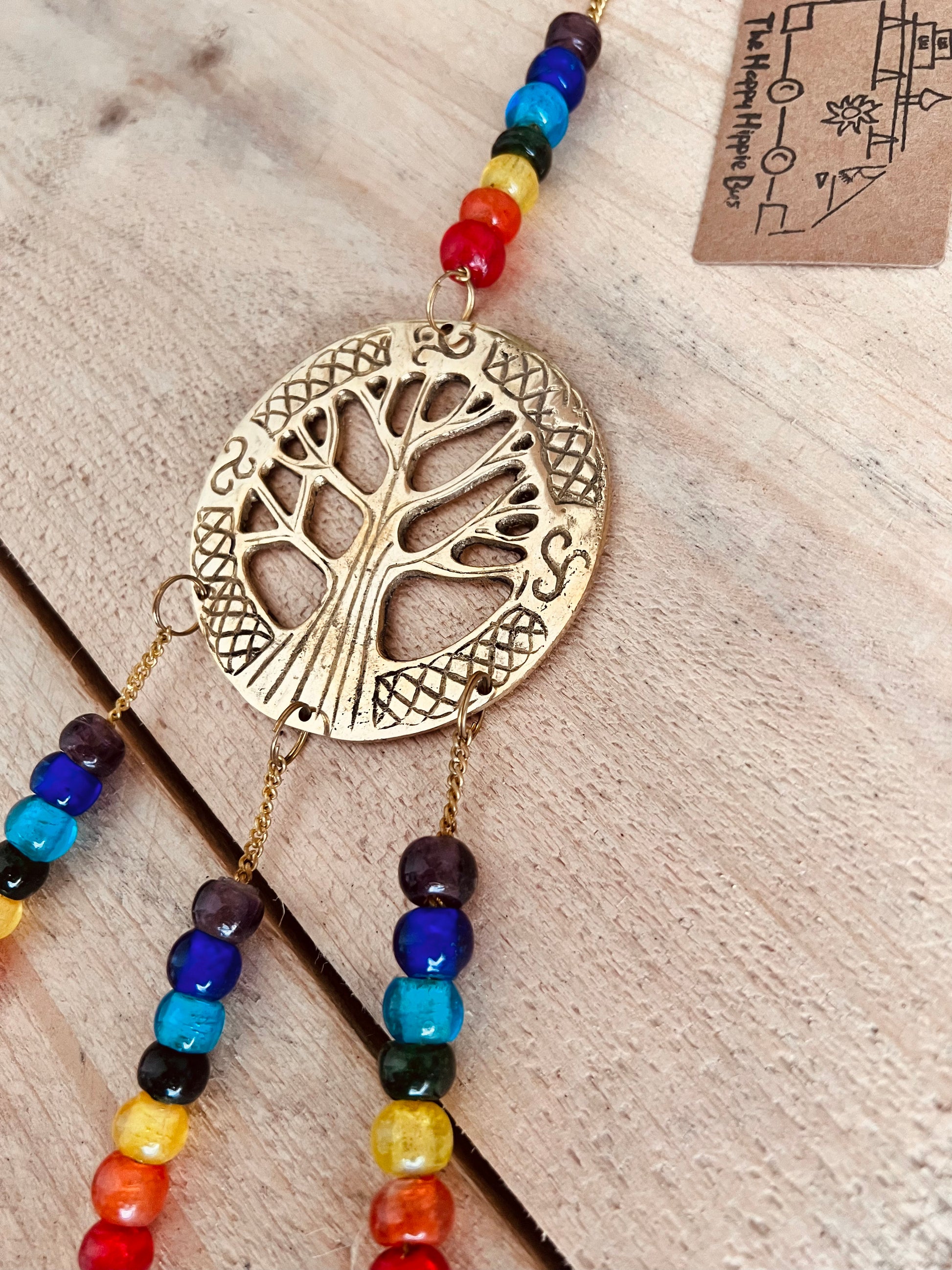 Handmade Fair Trade Tree Of Life Hanging Decoration With Chakra Beads & Gold Bells Boho Hippie Home Decor 