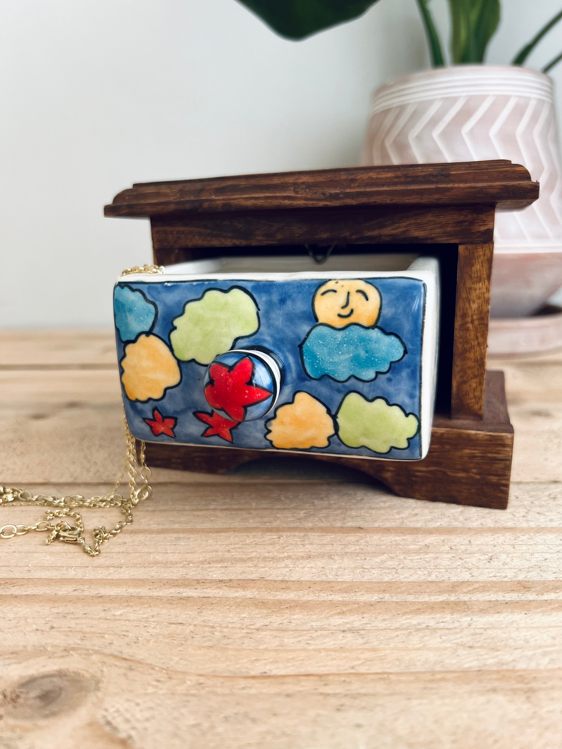 Handmade Fair Trade Mango Wood & Ceramic Painted Drawer For Jewellery Trinkets