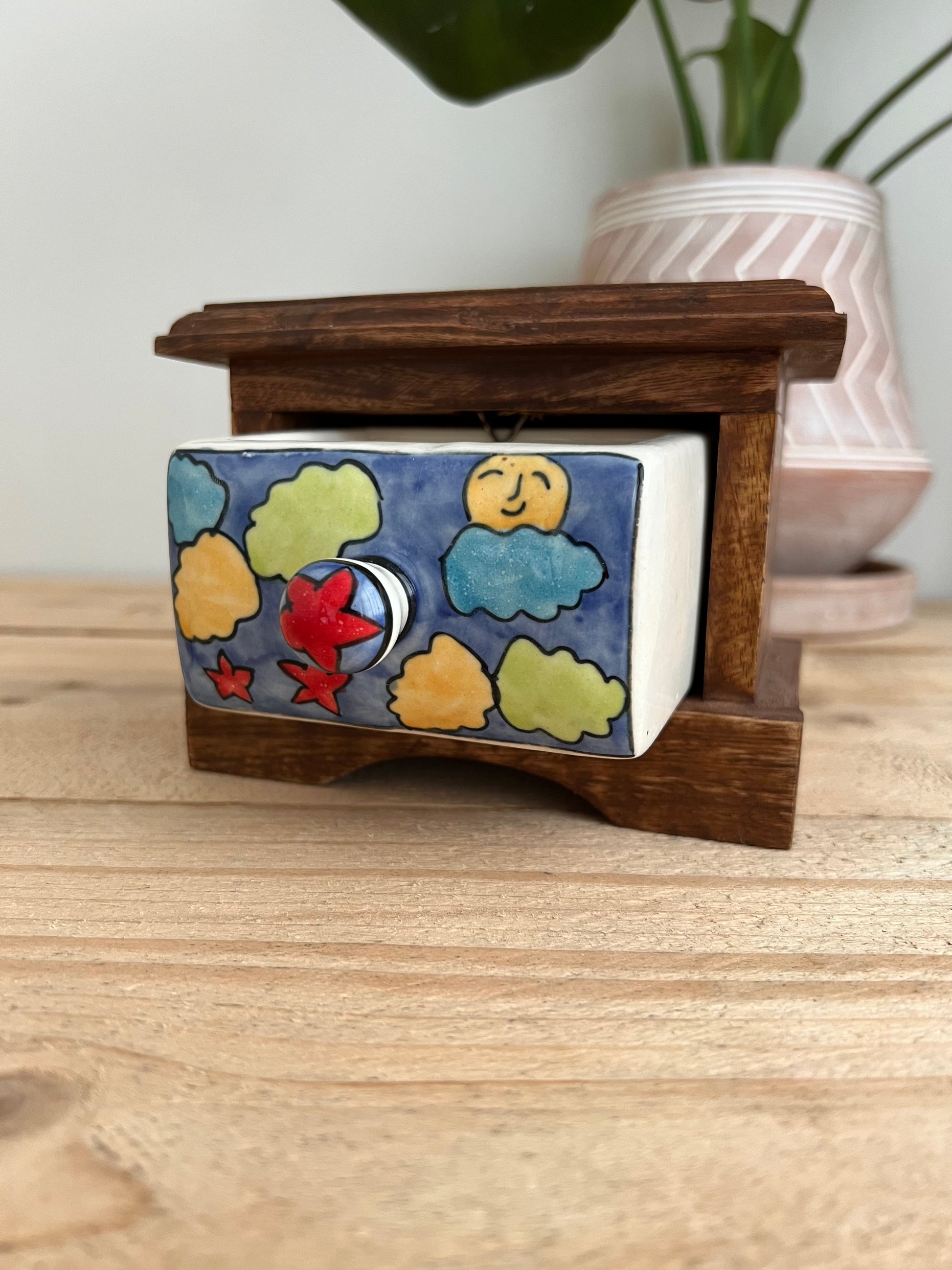 Handmade Fair Trade Mango Wood & Ceramic Painted Drawer For Jewellery Trinkets