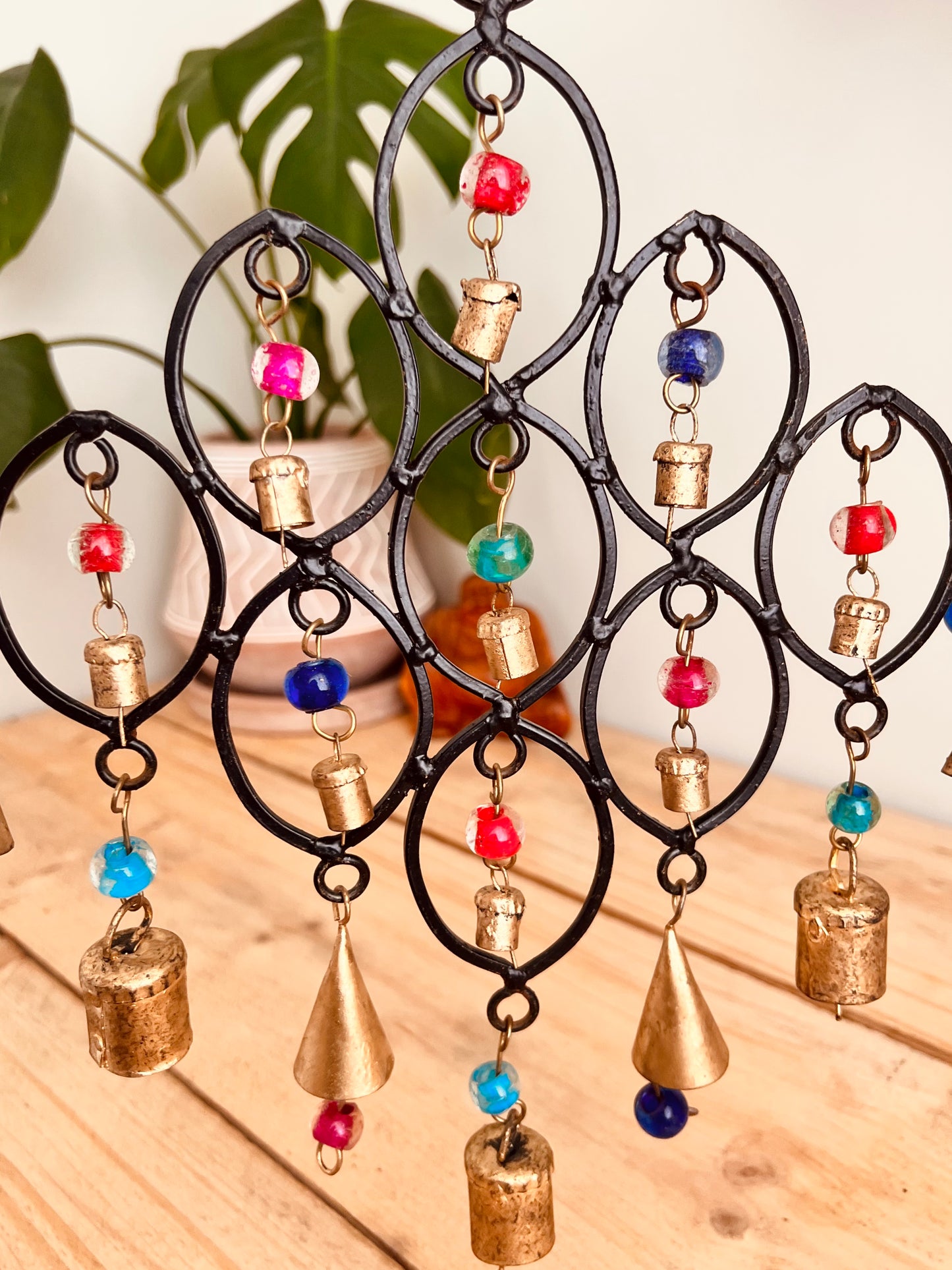 Handmade Fair Trade Recycled Ironwork Black Windchime Bells With Multi Coloured Beads 