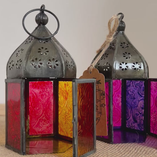 Handmade Fair Trade Ethically Sourced Recycled Metal Glads Lantern Moroccan Style T Light Holder Small Colourful Boho Hippie Decor Orange Purple Green Blue 