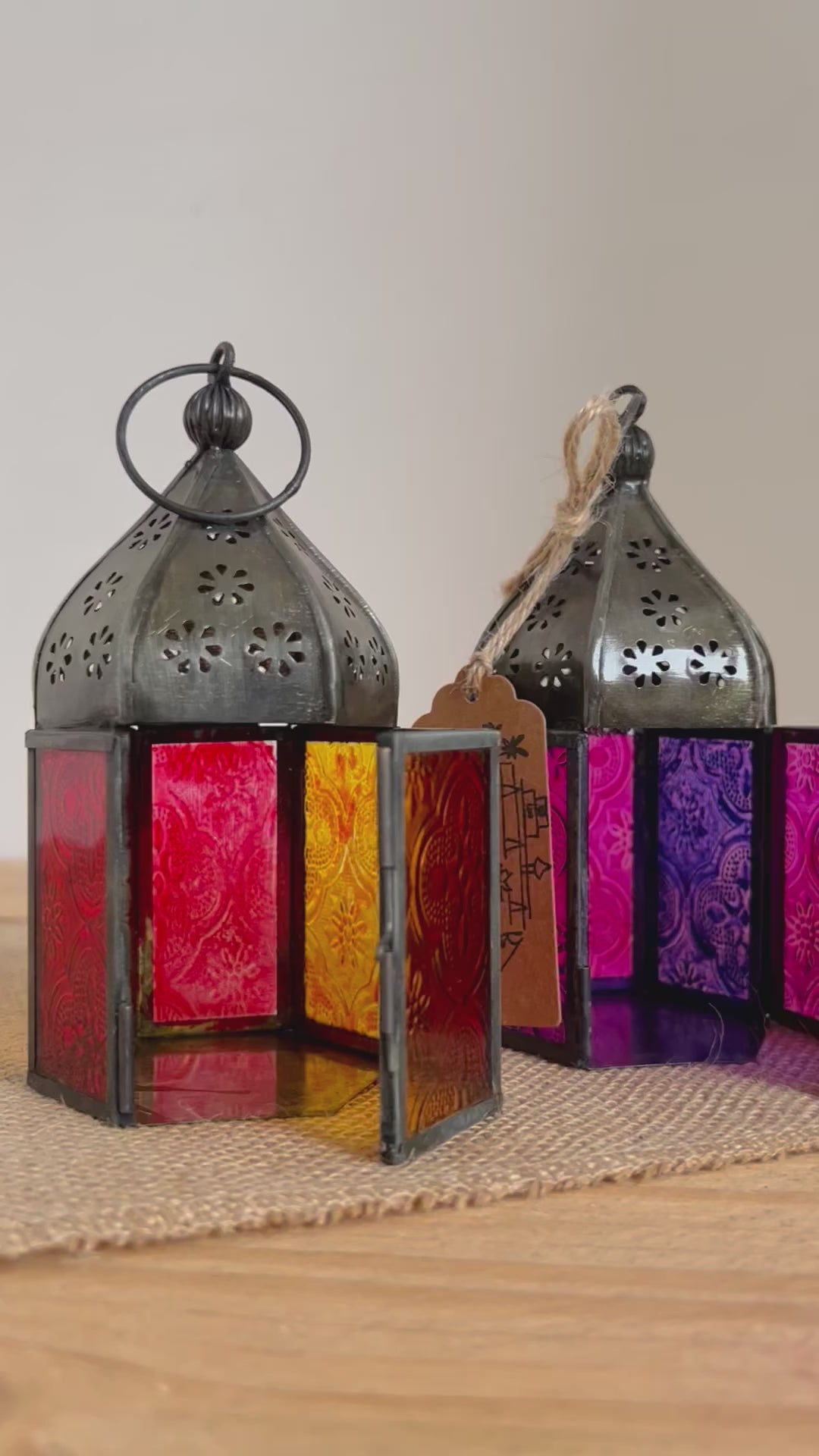 Handmade Fair Trade Ethically Sourced Recycled Metal Glads Lantern Moroccan Style T Light Holder Small Colourful Boho Hippie Decor Orange Purple Green Blue 