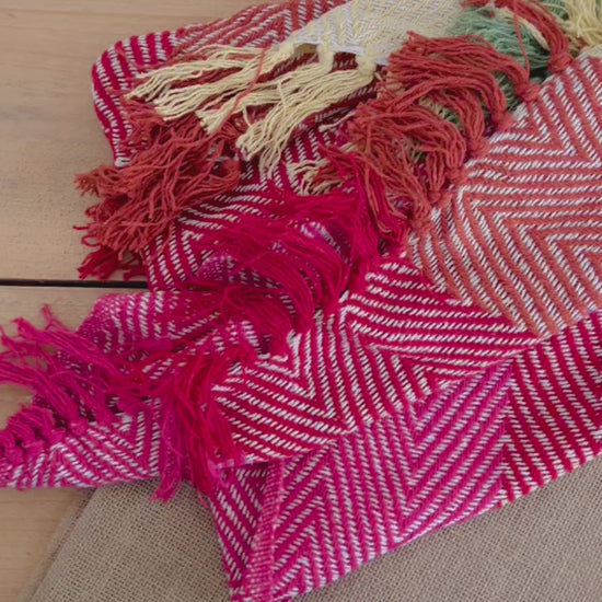 Herringbone weave handmade rainbow stripe throw blanket, colourful rainbow colour stripes with colourful tassel edge, boho hippie bohemian decor blanket throw, fair trade & ethically sourced