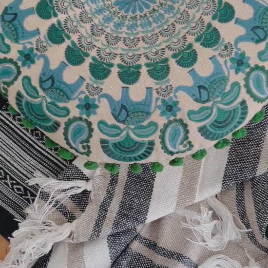 Handmade black and teal meditation set with cushion in embroidered elephant mandala pattern, cotton throw, incense and holder – eco-friendly yoga gift set for mindfulness and relaxation