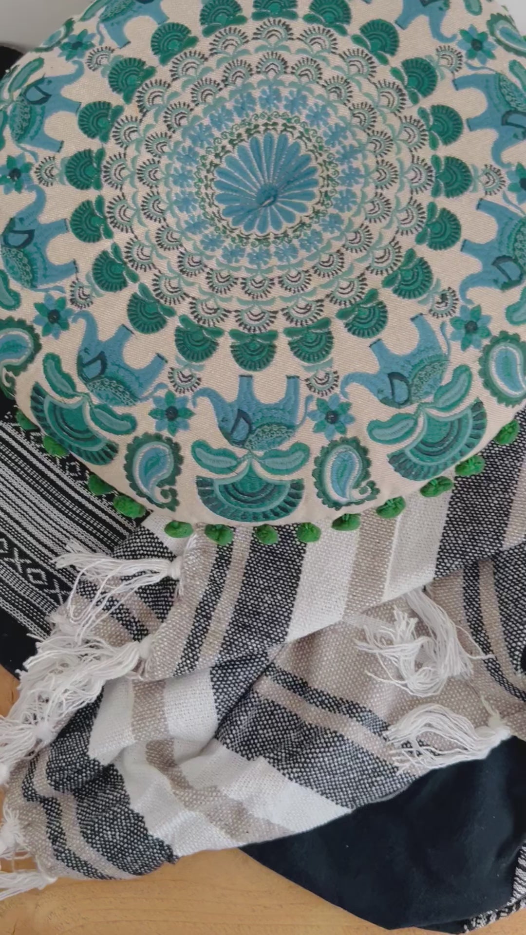 Handmade black and teal meditation set with cushion in embroidered elephant mandala pattern, cotton throw, incense and holder – eco-friendly yoga gift set for mindfulness and relaxation