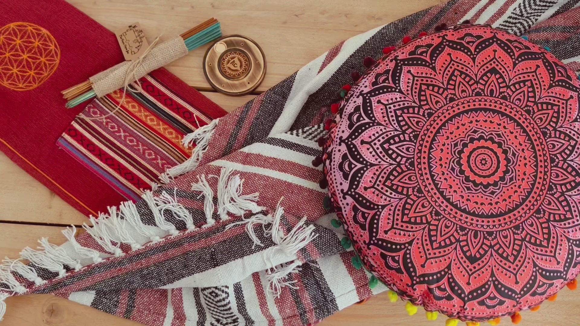 Artisan handcrafted meditation gift set in earthy red tones with yoga cushion, cotton throw, incense and holder – sustainable mindful living decor