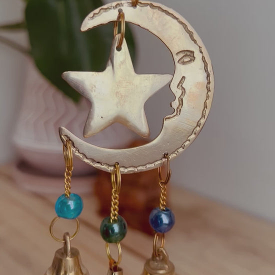 Mini crescent moon and star brass bells small fair trade handmade ethically sourced mini gift home decor hippie wind chime