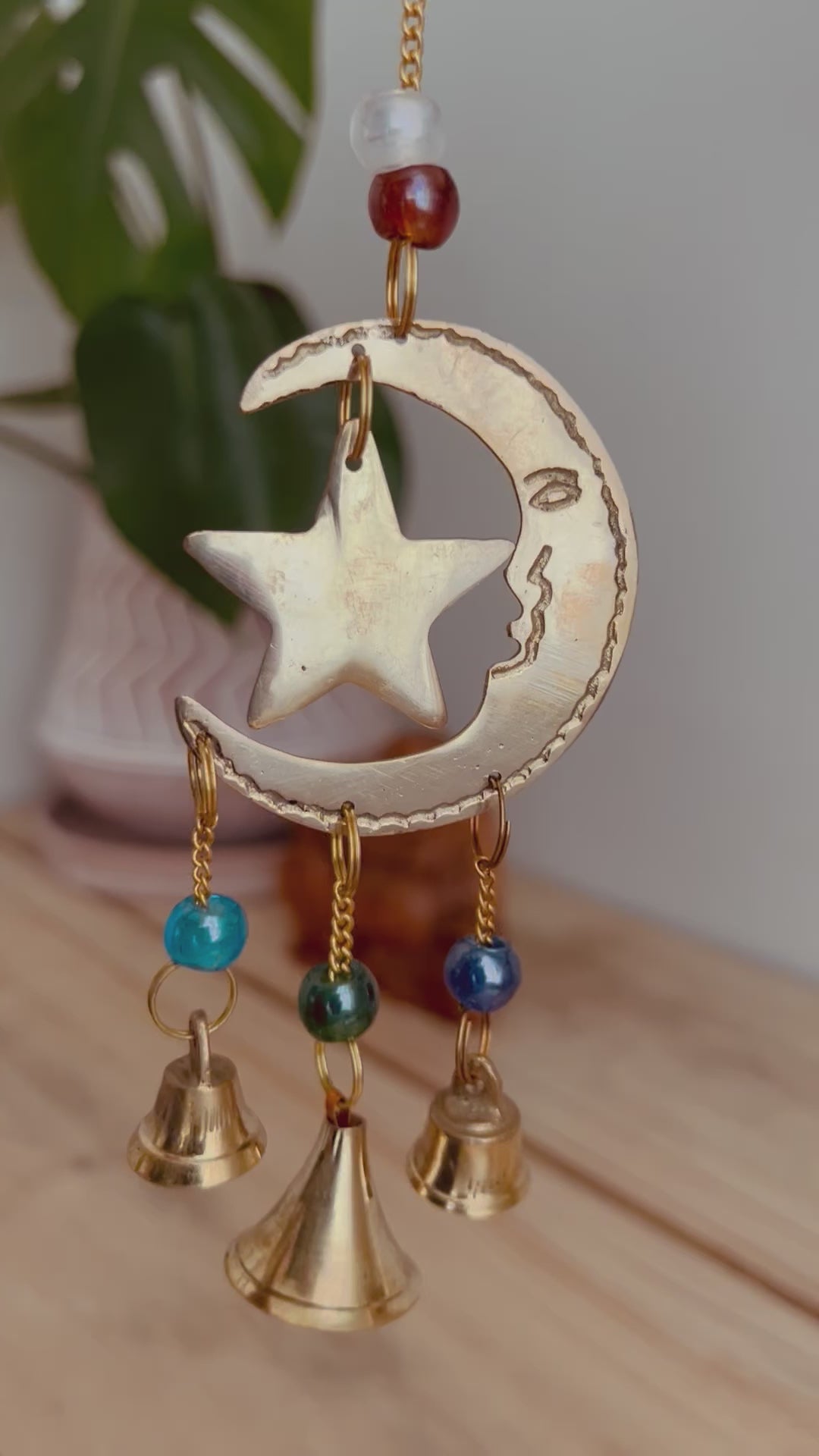 Mini crescent moon and star brass bells small fair trade handmade ethically sourced mini gift home decor hippie wind chime