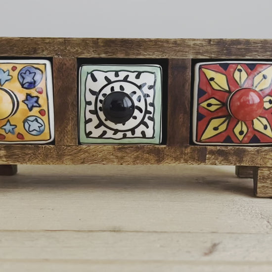 Handmade Fair Trade Three Drawer Mango Wodd Trinket Box Jewellery Box Ceramic Hand Painted Drawers