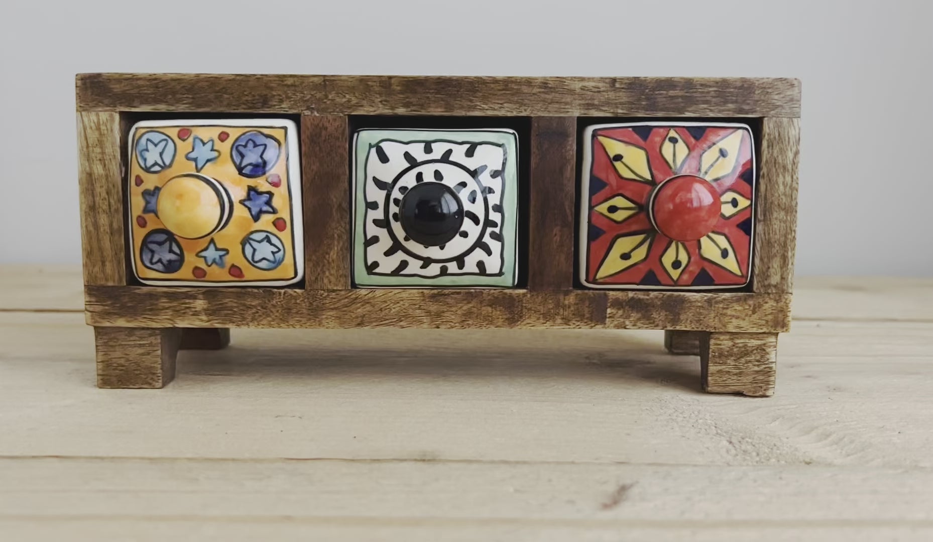 Handmade Fair Trade Three Drawer Mango Wodd Trinket Box Jewellery Box Ceramic Hand Painted Drawers