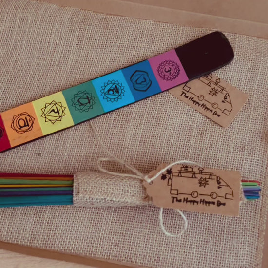 Handmade Fair Trade Chakra Design Mango Wood Incense Holder & Rainbow Incense Sticks Gift Set