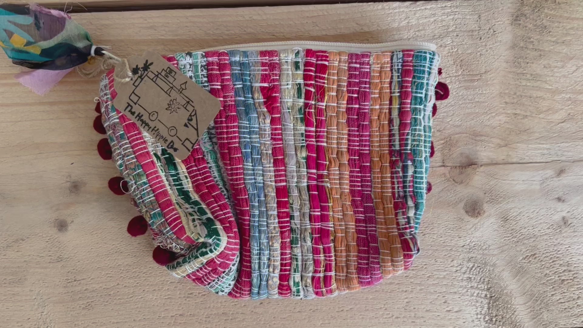 Handmade Fair Trade Recycled Sari Make Up Case Coin Purse Rainbow With Pom Pom Edge 