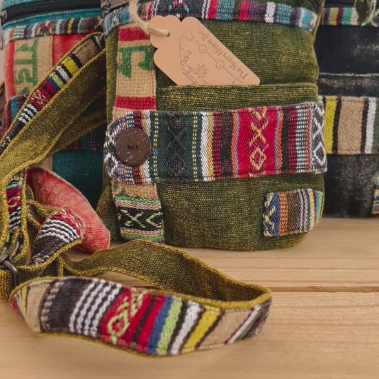 Handmade Fair Trade Ethically Sourced Bohemian Shoulder Passport Bag Green Blue Black 