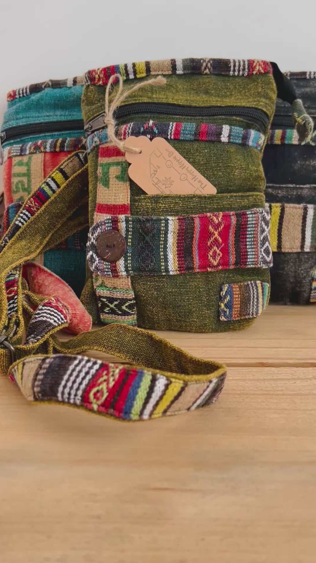 Handmade Fair Trade Ethically Sourced Bohemian Shoulder Passport Bag Green Blue Black 