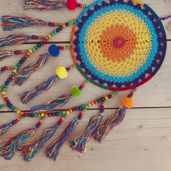 Large rainbow crochet dream catcher colourful pom pom beads dreamcatcher extra large long hanging boho hippie home decor dream catcher colourful vibrant rainbow living room, bedroom decor gift
