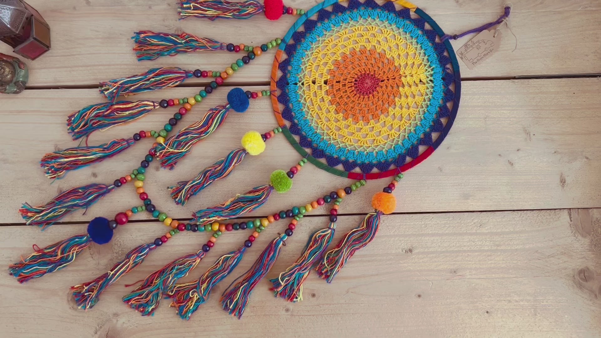 Large rainbow crochet dream catcher colourful pom pom beads dreamcatcher extra large long hanging boho hippie home decor dream catcher colourful vibrant rainbow living room, bedroom decor gift