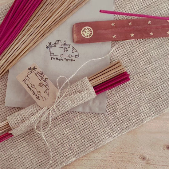 Strawberry and Vanilla sweet scent home fragrance incense sticks handmade fair trade ethically sourced plastic free hand wrapped Indian incense Joss sticks