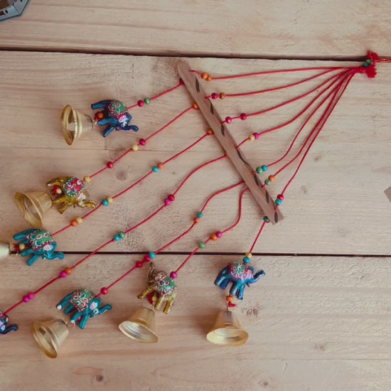 Handmade fair trade ethically sourced Indian elephant wind chime hanging mobile bells multicoloured bell decoration boho hippie home decor 